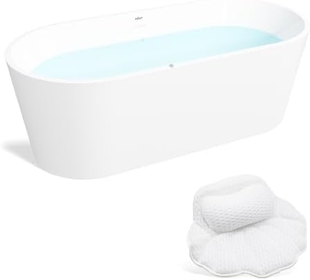 FerdY Shangri-La 67 Inch Freestanding Whirlpool Bathtub, Oval with 8 Water SPA Jets Morden White Stand Alone Jetted Tub& Bath Pillow for Bathtub,Thick Tub Pillows