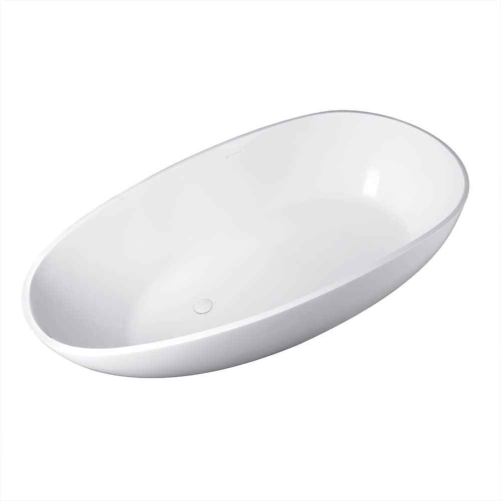 Vanity Art 59' x 31' Flatbottom Freestanding Solid Surface Resin Stone Bathtub | Contemporary Design Soaking Tub with Overflow and Pop-up Drain, UPC Certified, VA6913-GS