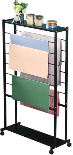 7 Tier Double-Sided Display Stand, Rolling Organizer for Wrapping Paper and Ribbons, Mobile Scarf Storage with Wheels, Wall Mounted Clothes Rack (Black