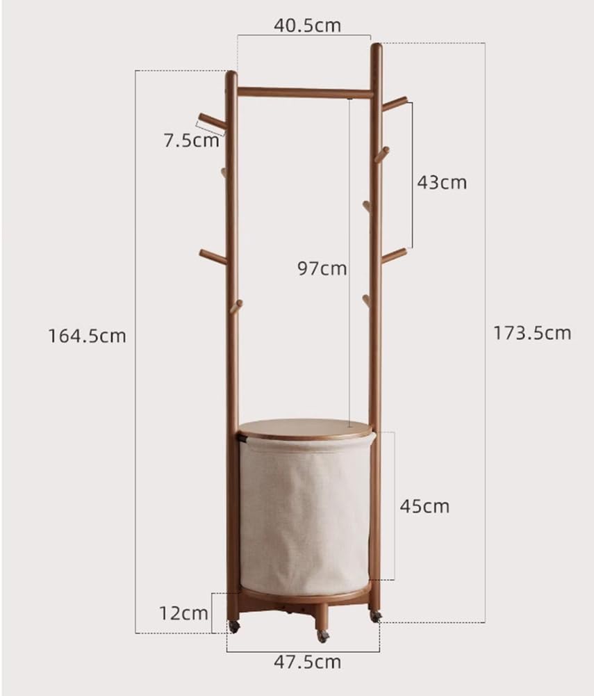 Solid Wood Coat Rack with Fabric Basket - Coat Hanger Stand Coat Tree Rack Freestanding with 9 Hooks Wheels, Small Clothes Rack For Entryway Bedroom Hallway Living Room