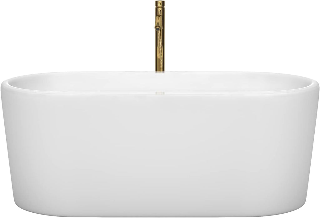 Ursula 59 Inch Freestanding Bathtub in White with Polished Chrome Trim and Floor Mounted Faucet in Brushed Gold