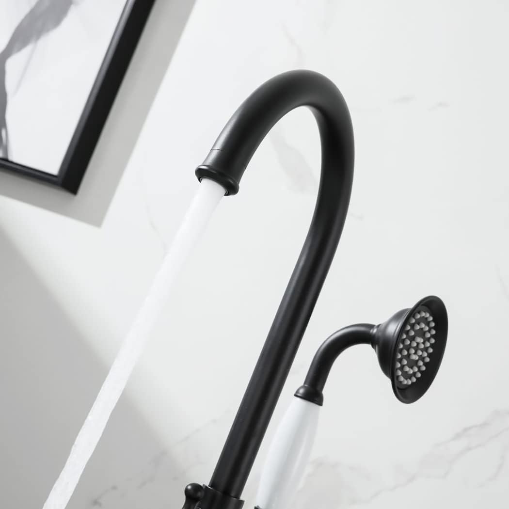 Industrial Freestanding Bathtub Faucet Swivel High Arc Floor Mount Tub Filler Faucet 2 Handles Floor Mounted Tub Faucet Brass Tub Mixer Tap with Handheld Shower and 59' Shower Hose,Matte Black