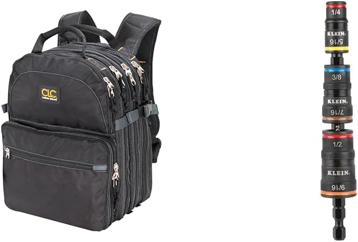 Custom Leathercraft 75-Pocket Tool Backpack and Klein 7-in-1 Impact Flip Socket Set with Nut Driver and Bit Holding