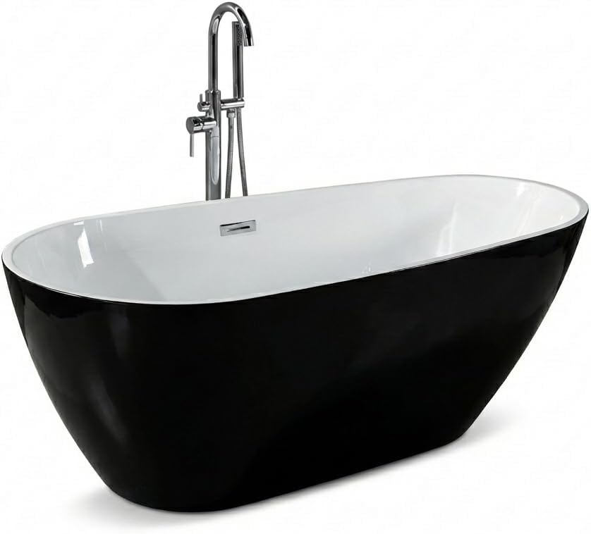 Acrylic Freestanding Bathtub, 59 Inch Pearl Shape Deep Soaking Tub, White Interior Black Exterior, Chrome Pop-Up Drain, Overflow, Modern Acrylic Stand Alone Bath Tub for Home, Apartment