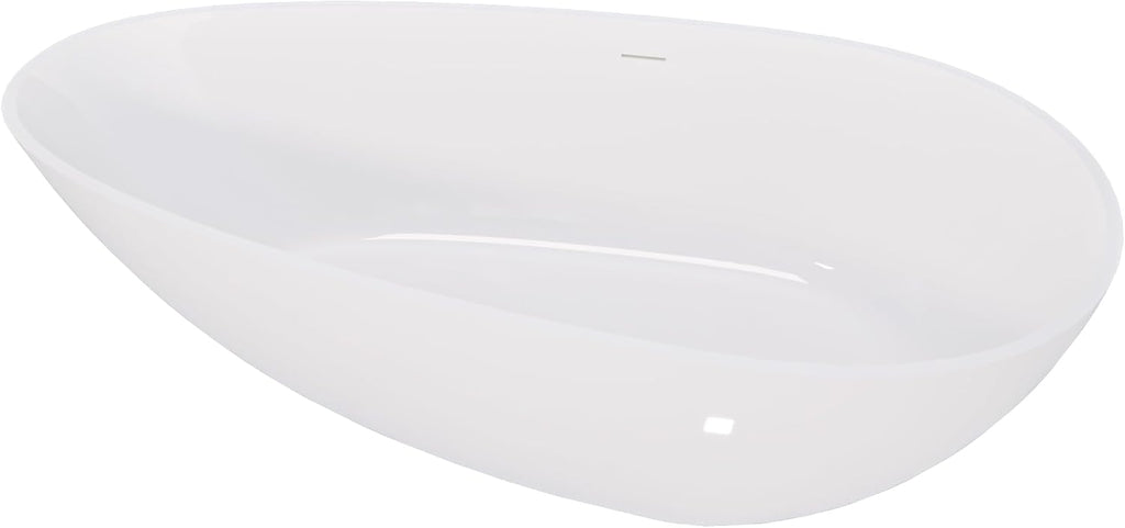 Kaimei 59-Inch Oval Stone Resin Freestanding Bathtub | Deep Soaking Tub with Overflow & Pop-up Drain | Glossy White Spa Tub for Bathroom Relaxation