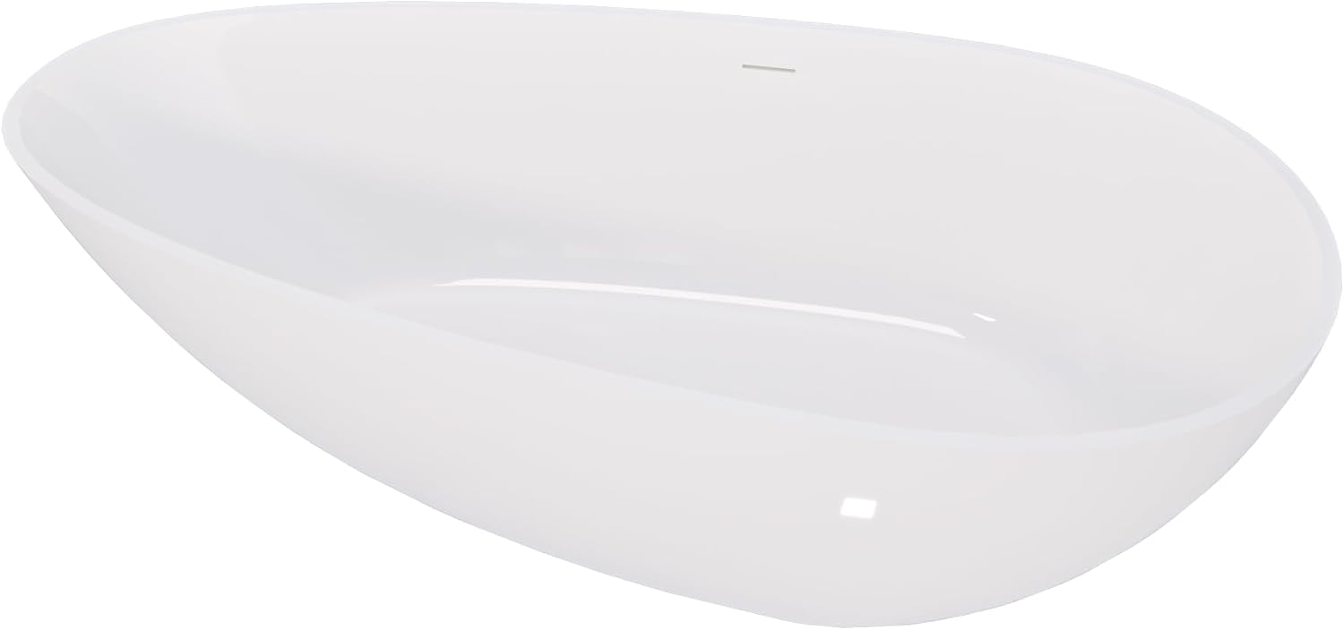 Kaimei 59-Inch Oval Stone Resin Freestanding Bathtub | Deep Soaking Tub with Overflow & Pop-up Drain | Glossy White Spa Tub for Bathroom Relaxation