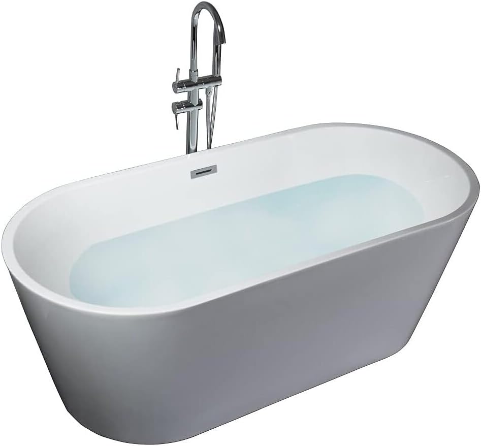 HomeStock Melina 59 in White Freestanding Acrylic Flatbottom Soaking Bathtub with Chrome Hardware