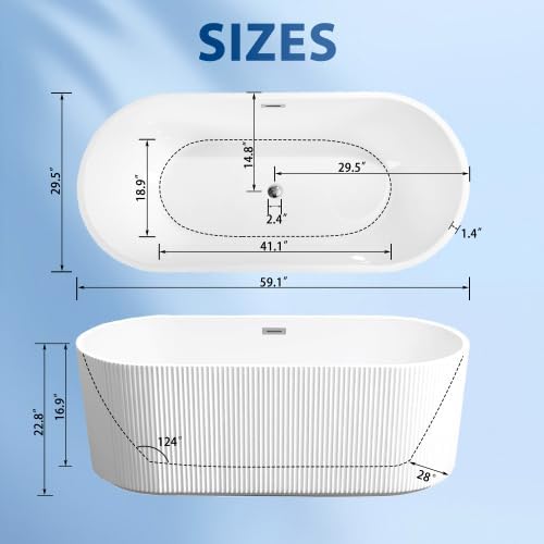 47-inch acrylic freestanding bathtub - acrylic soaking bathtub, white oval freestanding bathtub, with chrome-plated overflow and pop-up drain, CUPC certified. (59in)