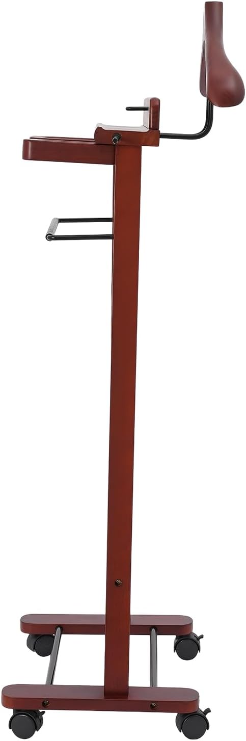 Suit Valet Stand Reddish Orange, Freestanding Clothes Rack with Wheels & Drawers, Solid Birch Wood, 66lbs Capacity, for Bedroom Hotel Entryway