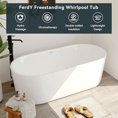 FerdY Shangri-La 67 Inch Freestanding Whirlpool Bathtub, Oval with 8 Water SPA Jets Morden White Stand Alone Jetted Tub& Bath Pillow for Bathtub,Thick Tub Pillows