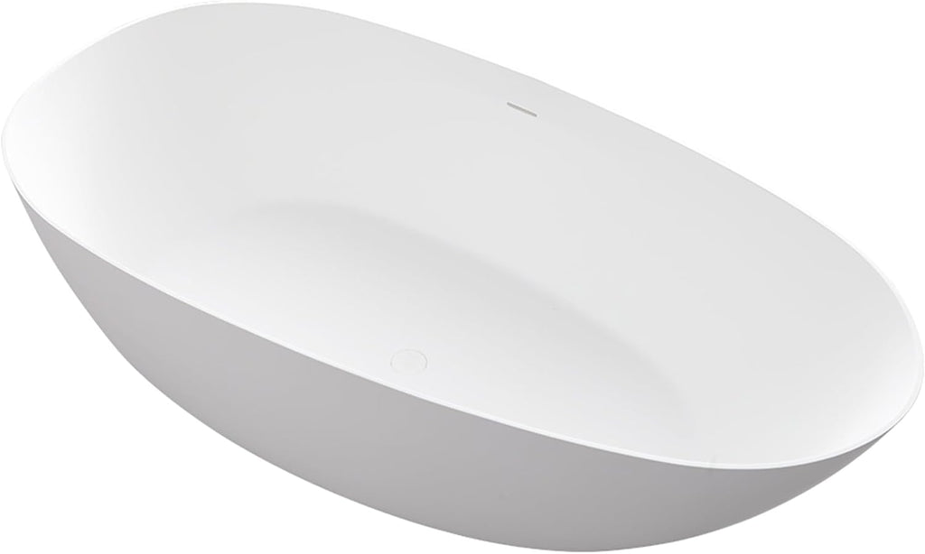 CASAINC 59'' Resin Stone Freestanding Bathtub, Solid Surface Matte White Free Standing Tub, Egg Shape Stand Alone Soaking Tubs with Drain, Drain Hose & Sanding Paper