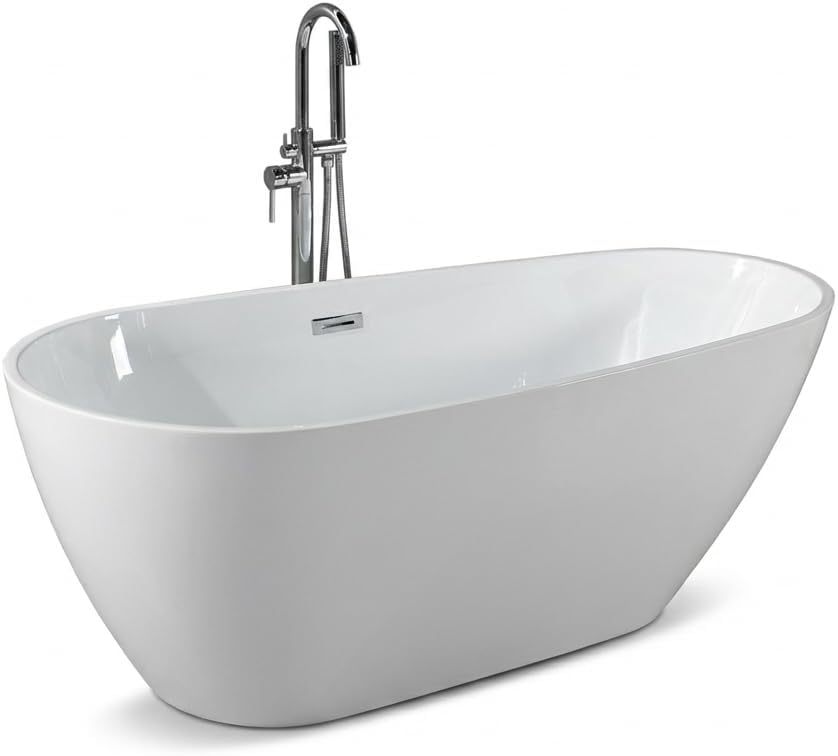 67' Freestanding Acrylic Bathtub, Deep Soaking Tub with Non-Slip Base & Chrome Drain, cUPC Certified, Easy Install, Space-Saving Bathtub, Modern Tub for Bathrooms, White Pearl