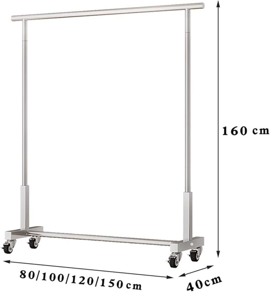 Heavy Duty Garment Rack, Stainless Steel Clothing Rack on Wheels, Freestanding Commercial Clothes Rail for Hanging Clothes, Silver Rolling Clothing Display Stand for Bedroom & Retai(Size:150X40X150CM)