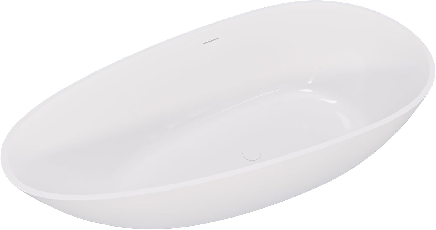 Kaimei 59-Inch Oval Stone Resin Freestanding Bathtub | Deep Soaking Tub with Overflow & Pop-up Drain | Glossy White Spa Tub for Bathroom Relaxation