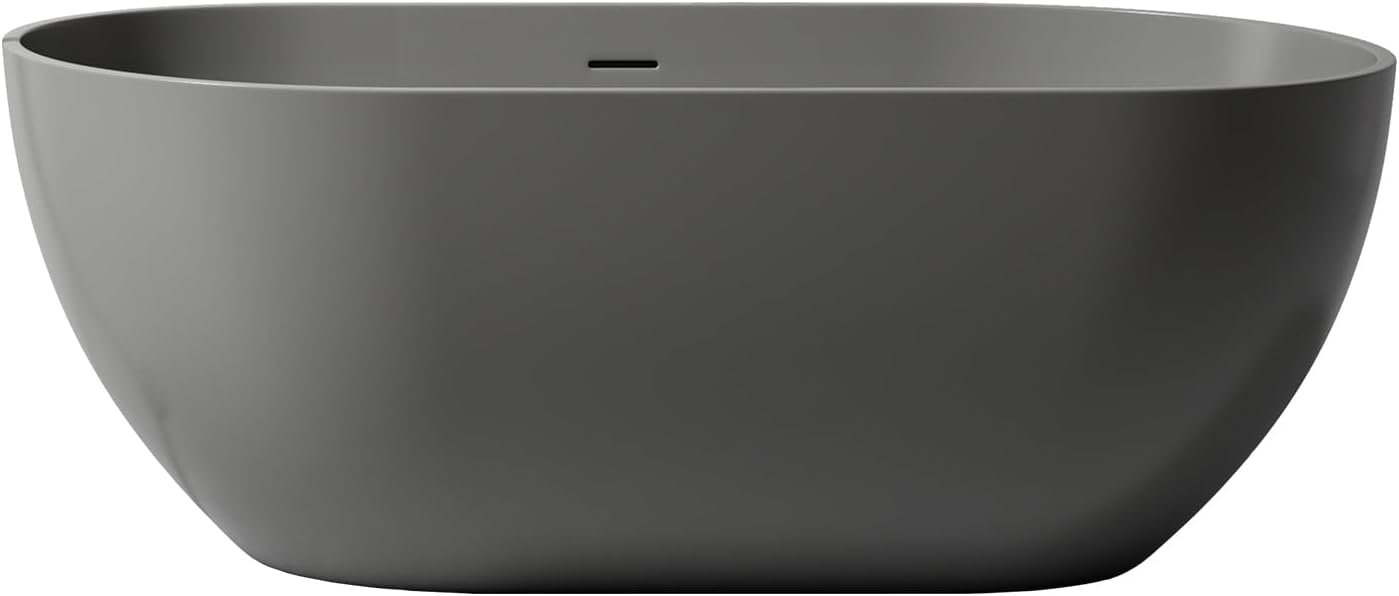 59' Premium Freestanding Stone Resin Bathtub, Oval Shape Solid Surface Dark Grey Soaking Tubs with Overflow and Pop-up Drain