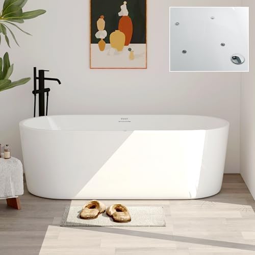 FerdY Shangri-La 67 Inch Freestanding Whirlpool Bathtub, Oval with 8 Water SPA Jets Morden White Stand Alone Jetted Tub& Bath Pillow for Bathtub,Thick Tub Pillows