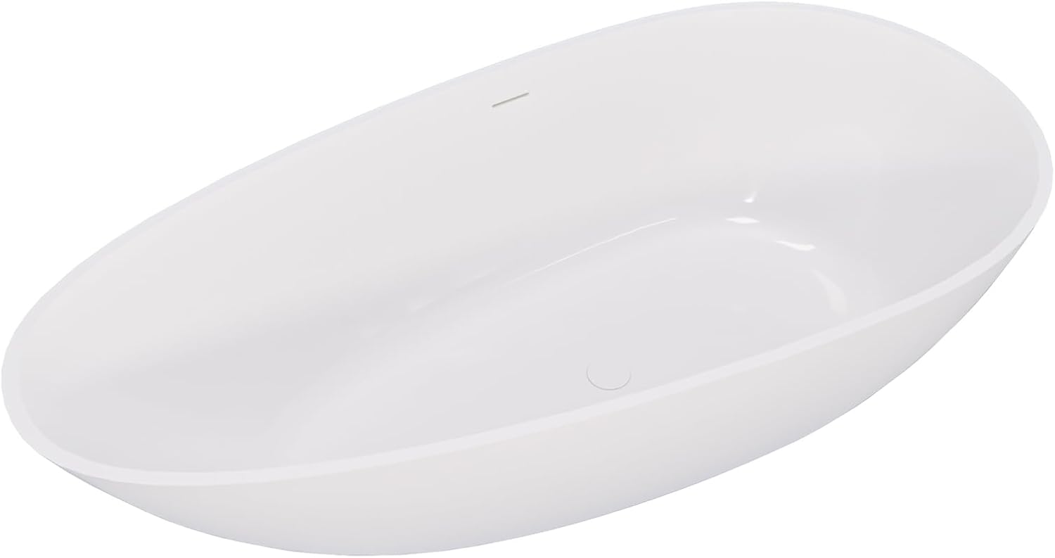 59' Solid Surface Bathtub Modern Glossy White Stone Resin Stand Alone Soaking Tub Luxury Handcrafted Oval Bath Tub with Overflow and Pop-Up Drain for Bathing