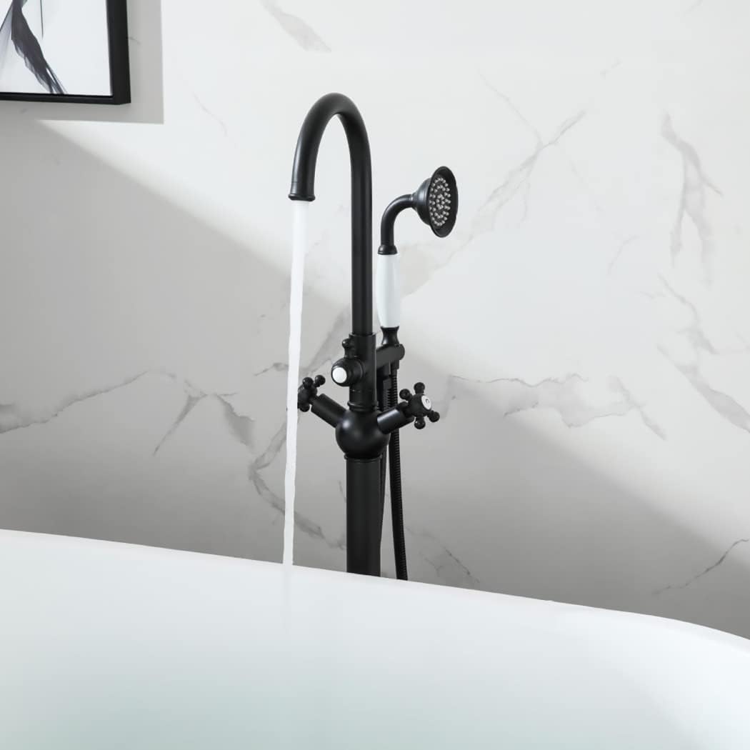 Industrial Freestanding Bathtub Faucet Swivel High Arc Floor Mount Tub Filler Faucet 2 Handles Floor Mounted Tub Faucet Brass Tub Mixer Tap with Handheld Shower and 59' Shower Hose,Matte Black