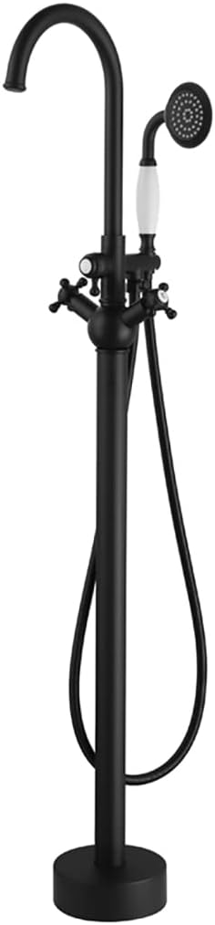 Industrial Freestanding Bathtub Faucet Swivel High Arc Floor Mount Tub Filler Faucet 2 Handles Floor Mounted Tub Faucet Brass Tub Mixer Tap with Handheld Shower and 59' Shower Hose,Matte Black
