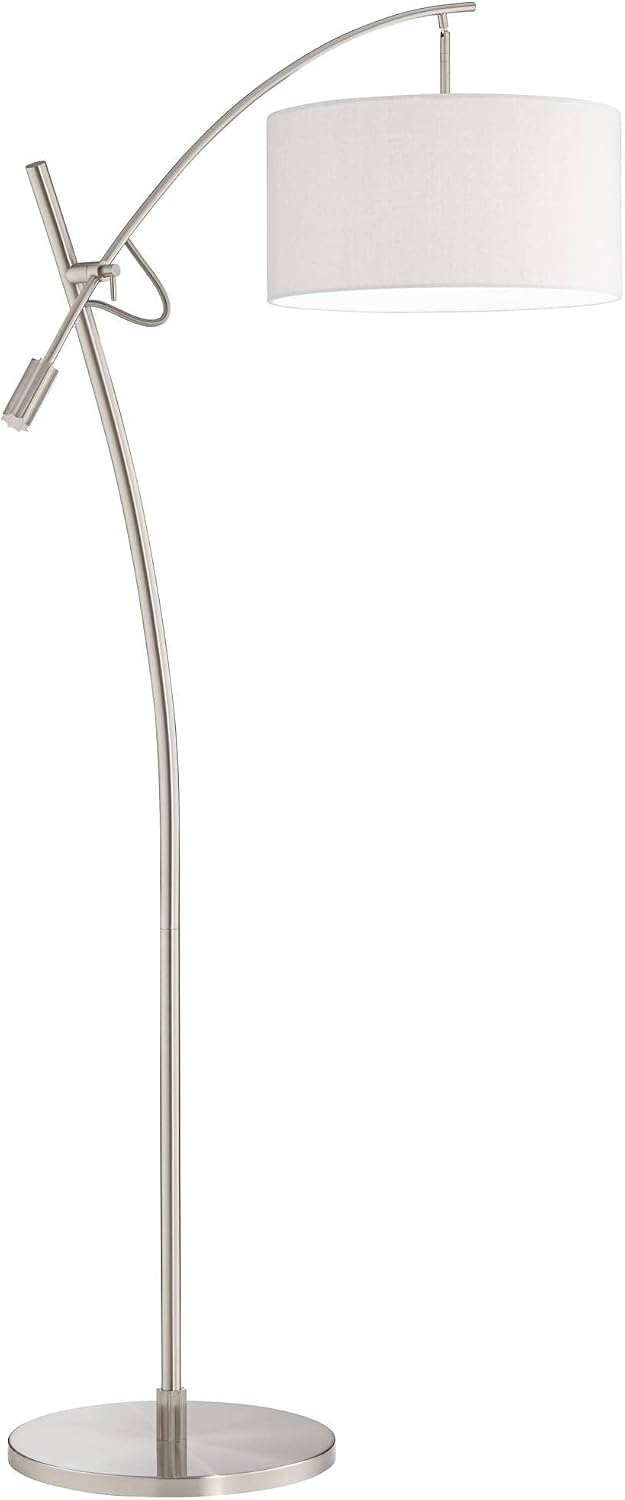 Possini Euro Design Raymond Modern Arc Floor Lamp with USB Charging Port 69' Tall Brushed Nickel Off-White Linen Drum Shade Adjustable Boom Arm for Living Room Reading House Bedroom Home Office