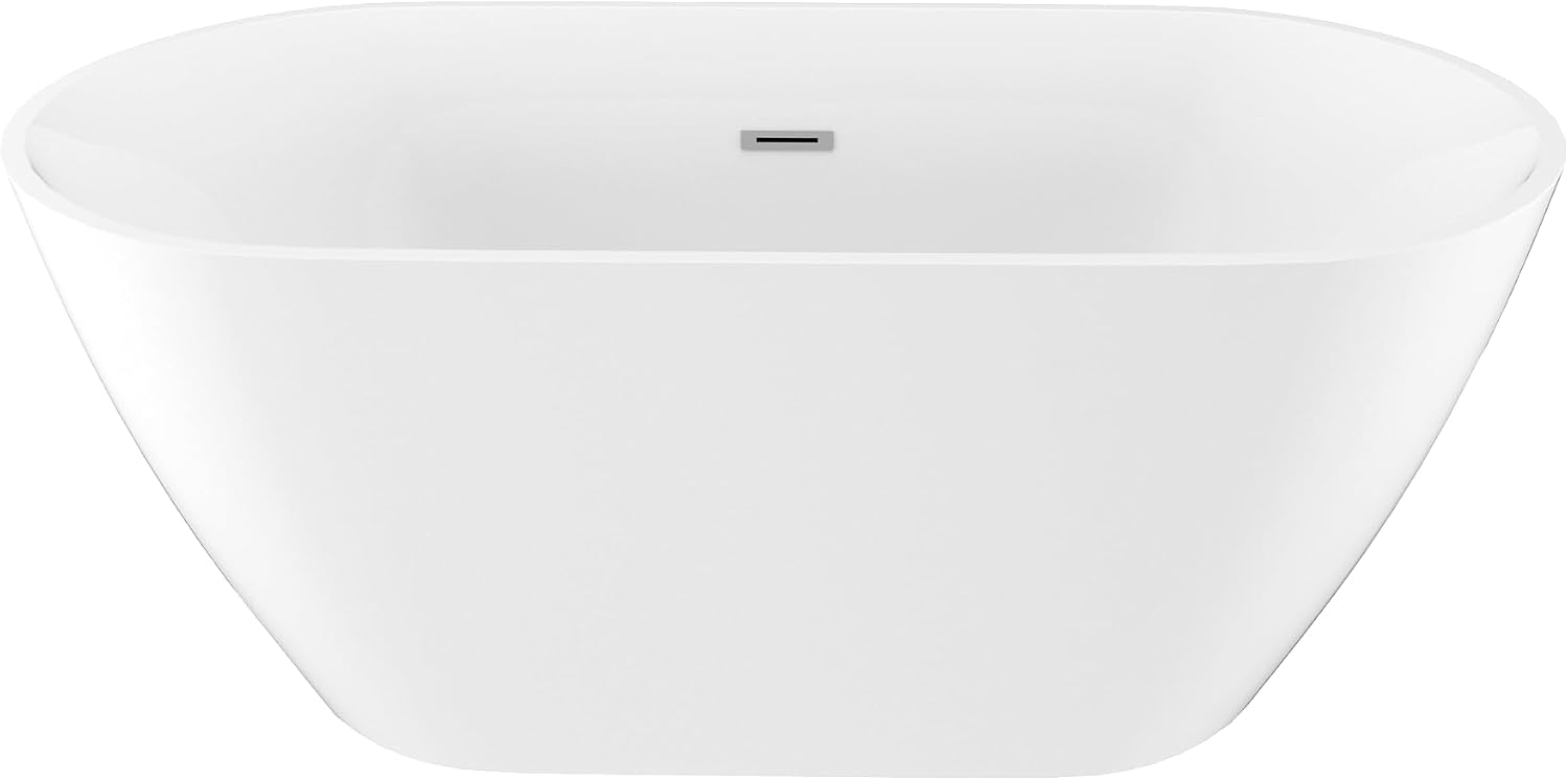 BuildMyplace 59' Acrylic Freestanding Bathtub, Contemporary Soaking Tub With Overflow and Pop Up Drain In Chrome, Stand Alone Soaking BathTub, Glossy White Bathroom Tub for Adults, cUPC Certified