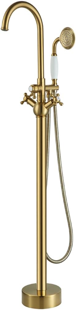 Industrial Freestanding Bathtub Faucet Swivel High Arc Floor Mount Tub Filler Faucet 2 Handles Floor Mounted Tub Faucet Brass Tub Mixer Tap with Handheld Shower and 59' Shower Hose,Brushed Gold