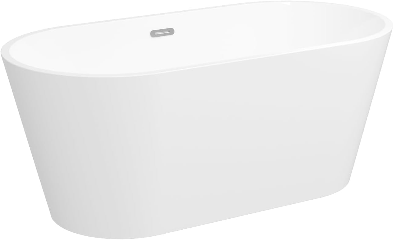 59' Acrylic Freestanding Bathtub, Modern & Contemporary Design Soaking Tub with Toe-tap Drain in Chrome and Classic Slotted Overflow, Glossy White, cUPC Certified, 02136