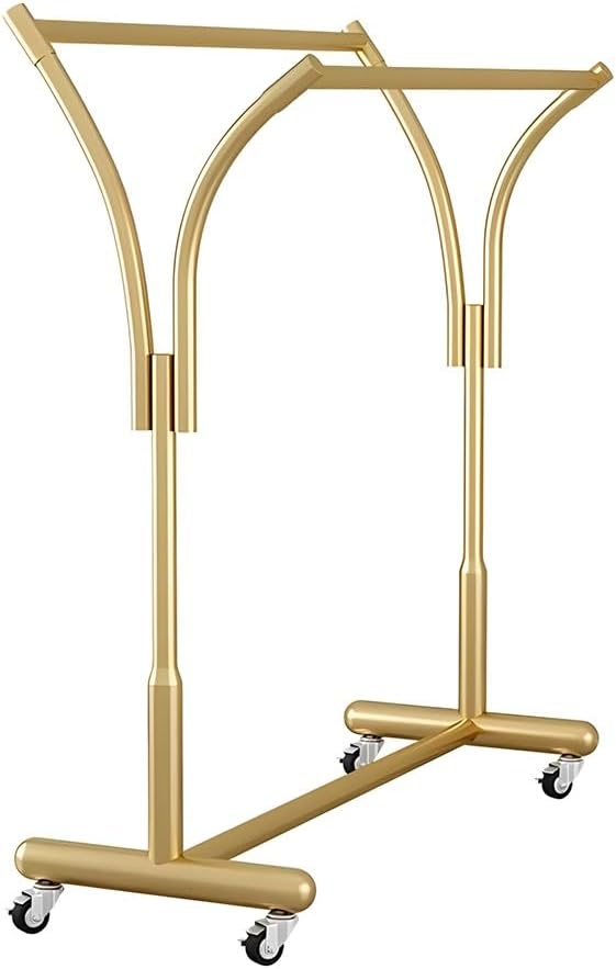 Floor Standing Retail Metal Clothing Rack, Heavy Duty Double-Rod Movable Clothing Shelf, Multifunctional Standing Rolling Garment Rack, for Shopping Mall Clothing Store (Gold b)