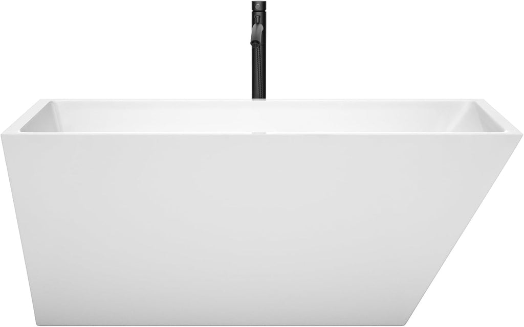 Hannah 59 Inch Freestanding Bathtub in White with Shiny White Trim and Floor Mounted Faucet in Matte Black