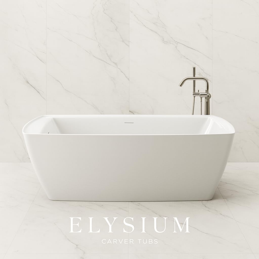 Carver Tubs - Elysium 67' - Acrylic Freestanding Soaking Bathtub - with Slotted Chrome End Drain - Rounded edges - White Classic Rectangle Acrylic Fiberglass Bath Tub - 59'L x 31.5'W x 23.5'H
