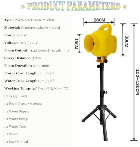 2025 Ultimate Foam Cannon with Stand - 800W High Power, 792GPM Output, 5-7M Spray Distance, Quick Setup Bubble Machine for DJs, Event Planners, Schools - Yellow Party Essential