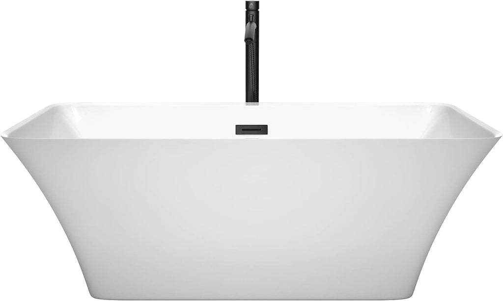 Tiffany 59 Inch Freestanding Bathtub in White with Floor Mounted Faucet, Drain and Overflow Trim in Matte Black