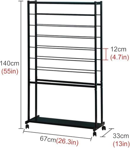 7 Tier Double-Sided Display Stand, Rolling Organizer for Wrapping Paper and Ribbons, Mobile Scarf Storage with Wheels, Wall Mounted Clothes Rack (Black