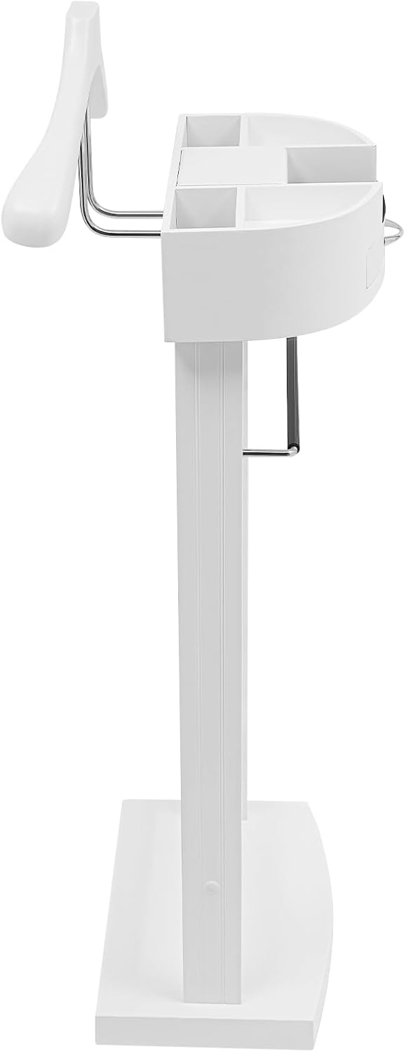 Suit Valet Stand White, Freestanding Clothes Rack with Velvet-Lined Drawer & Compartments, 66lbs Capacity, for Bedroom Hotel Entryway