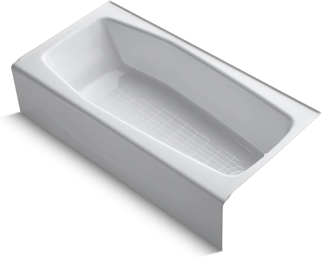 KOHLER 716-0 Villager 60' x 30-1/4' Alcove Cast Iron Bathtub with Right-Hand Drain and Integral Apron, Safeguard Slip-Resistant Surface, White