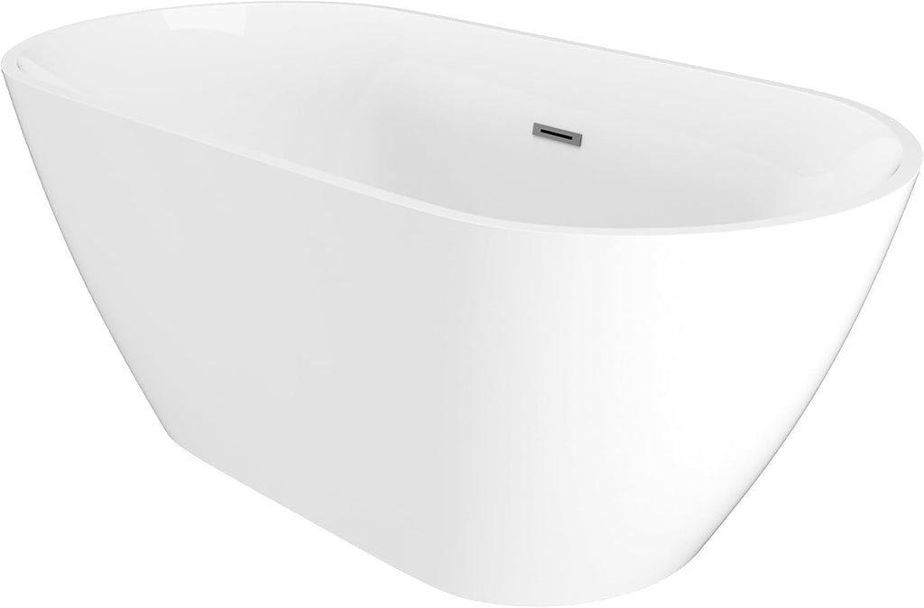 BuildMyplace 59' Acrylic Freestanding Bathtub, Contemporary Soaking Tub With Overflow and Pop Up Drain In Chrome, Stand Alone Soaking BathTub, Glossy White Bathroom Tub for Adults, cUPC Certified