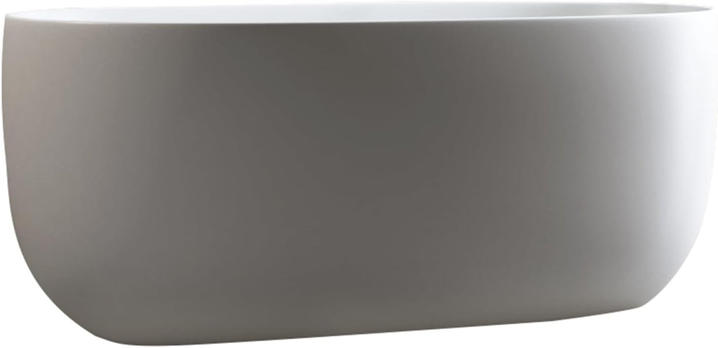 59' Solid Surface Freestanding Soaking Tub, Stone Resin Bathtub with Thick Edge & Overflow, Non-Slip Matte White Finish, Oval Standalone Bathtub with Pop-Up Drain, Easy to Clean & Install