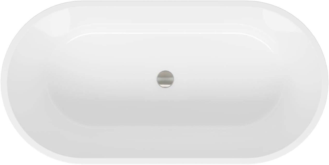 59' Acrylic Freestanding Bathtub, Modern & Contemporary Design Soaking Tub with Brushed Nickel Toe-tap Drain in Chrome and Integrated Slotted Overflow, Glossy White, cUPC Certified, 02136-BN