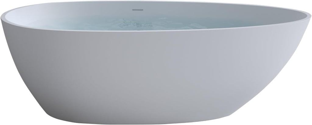 59' Freestanding Bathtub, Solid Surface Resin Stone Bathtub, Soaking Tub for Bathroom, Stand Alone Tub, Integrated Overflow and Drain, Matte White Oval