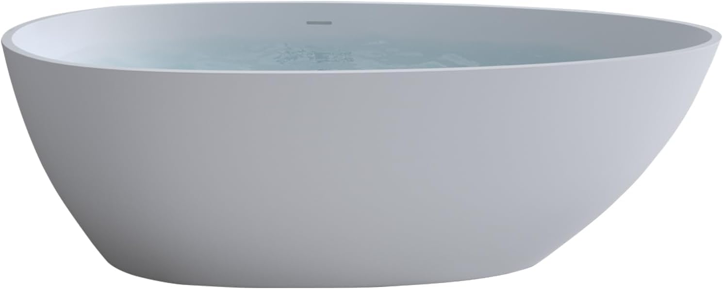 59' Freestanding Bathtub, Solid Surface Resin Stone Bathtub, Soaking Tub for Bathroom, Stand Alone Tub, Integrated Overflow and Drain, Matte White Oval