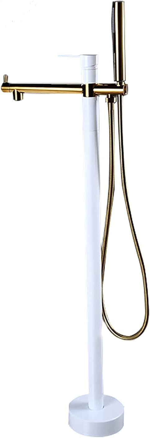 Freestanding Bathtub Faucet with Handheld Shower - Floor Mounted Tub Tap, 59-Inch Shower Hose, Stylish White Gold Finish