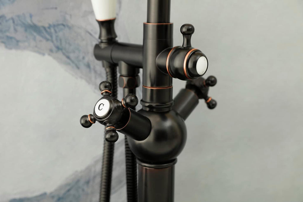SITGES Solid Brass Freestanding Bathtub Faucet, Bathroom Floor Mount Tub Filler, Dual Function Double Cross Handles with Ceramic Hand shower, Oil Rubbed Bronze