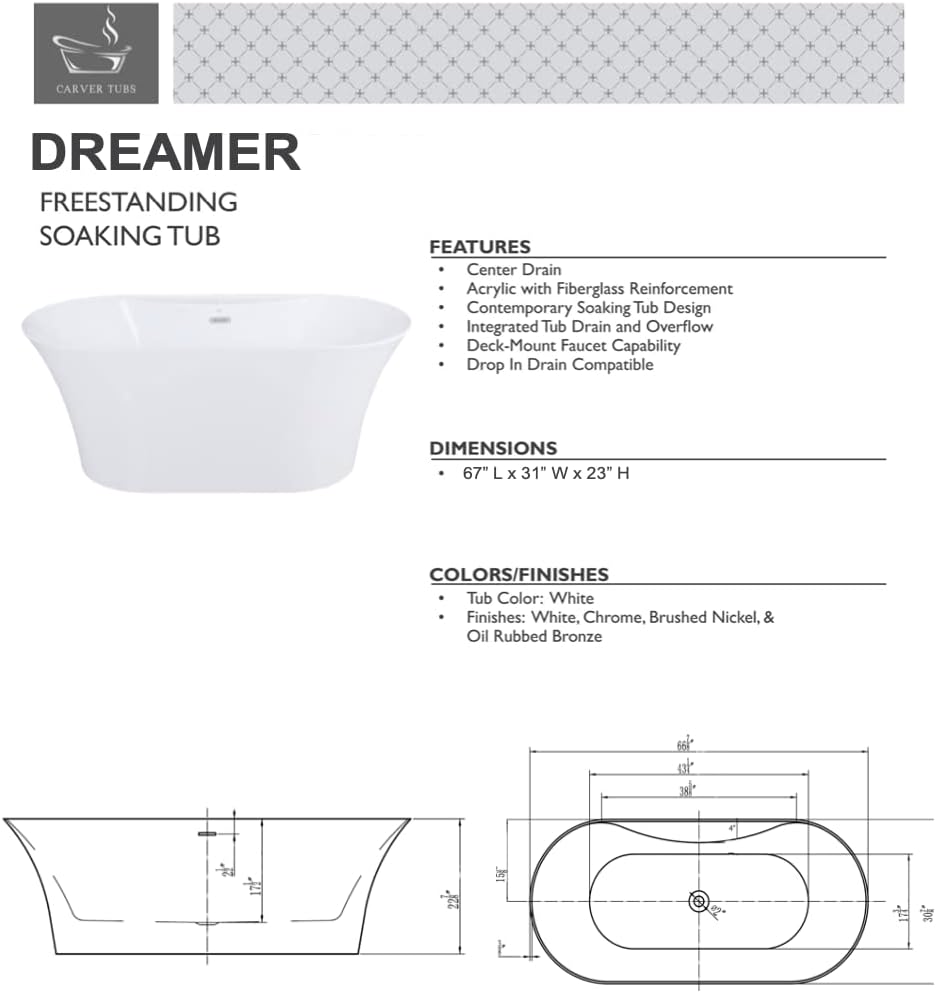 Carver Tubs - Dreamer 67' - Modern White Freestanding Soaking Bathtub- White Acrylic Fiberglass Tub W/chrome Center Drain - Two Person Oval Bath Tub - Deep Relaxing Soak - 67' L X 31' W X 23' H