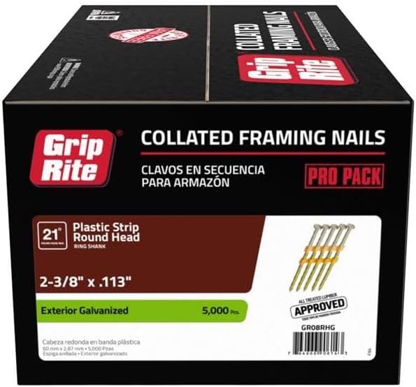 Grip-Rite 21 Degree Framing Nails - Exterior Galvanized Nails for Wood-To-Wood Framing Projects - Plastic Strip Collated Fastener - Round Head - Ring Shank - 2-3/8' x .113' - 5000 Count - GR08RHG