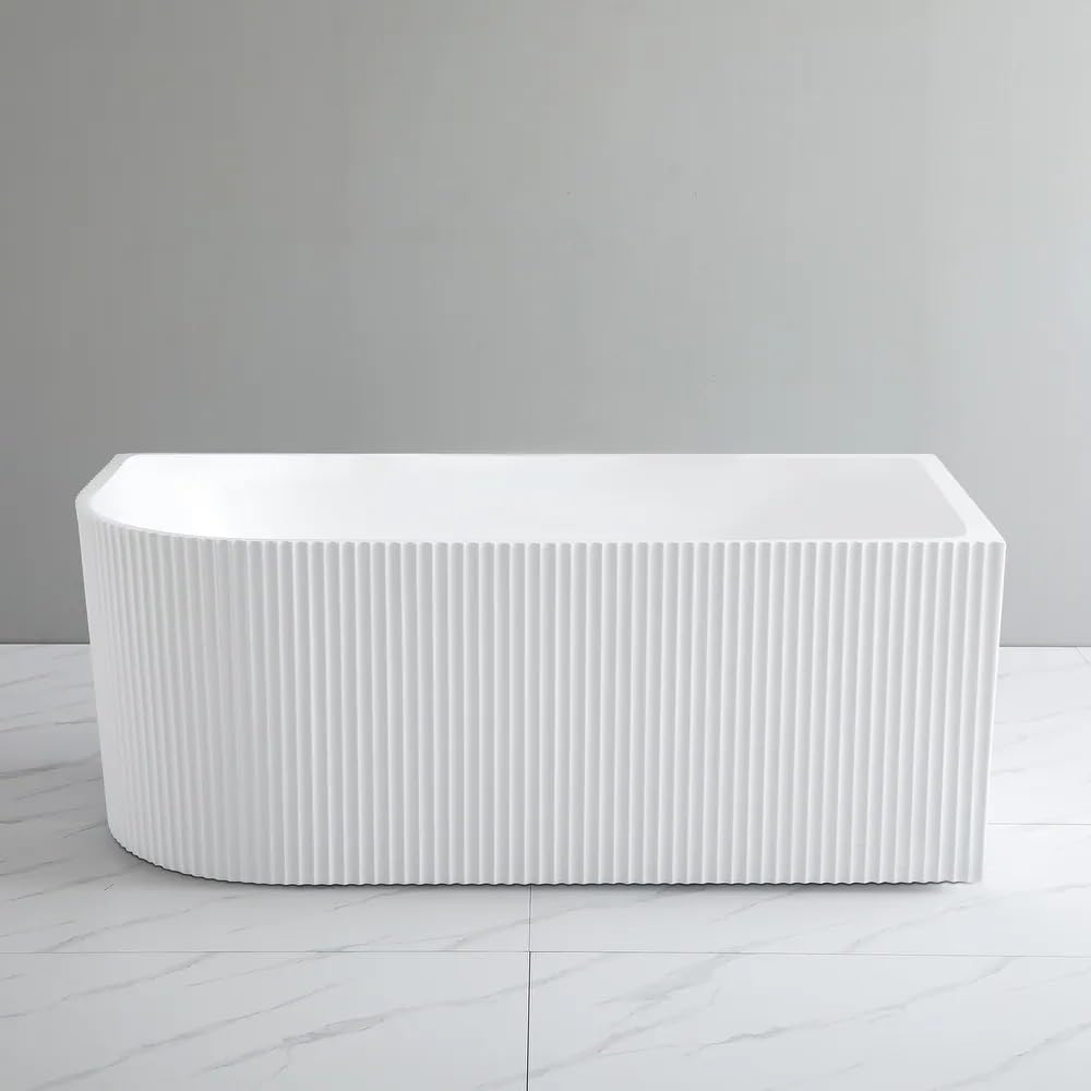 59 inch Corner Wave Style Right Drain Freestanding Soaking Bathtub, Modern Stand Alone Free Standing Acrylic Tub with Right Hand Drain & Overflow, Glossy White