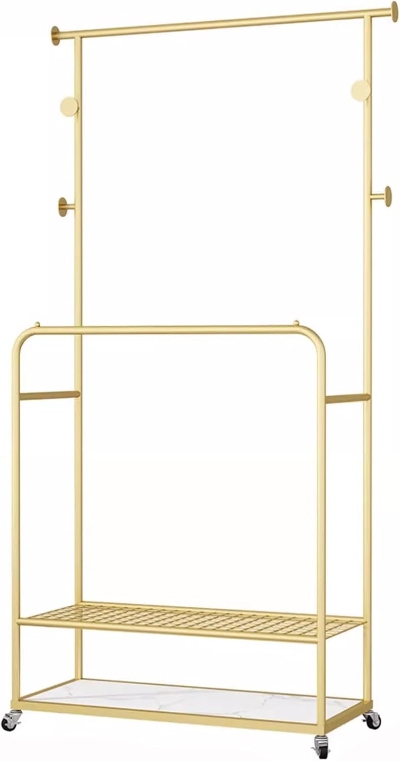 Heavy duty Garment rack Double Rods Clothes Rack With Wheels, Heavy Duty Metal Clothing Rack For Hanging Clothes, Multi-functional Coat Rack With 2 Shelves And 4 Hooks,Clothes Organi (Gold 100X30X170