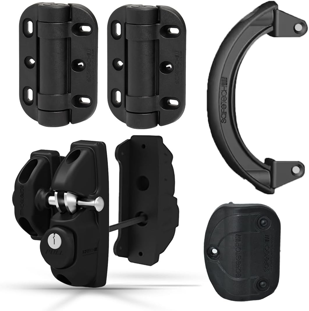 Safetech Hardware ViperX2 Gravity Gate Latch, MegaKlik Gate Hinges, Gate Handle & Gate Stop Bundle