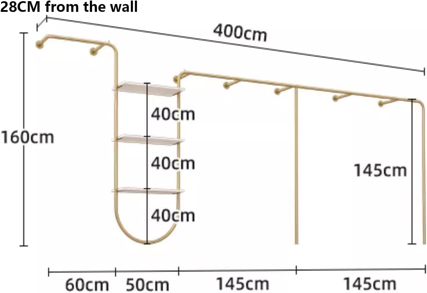 Wall Mounted Clothes Rack With Shelves, Heavy Duty Rods Retail Store Clothing Garment Rack, Storage Clothes Shoe Bag Pipe Shelf, Clothing Store Display Stands Garment Rack ( Size : 400*28*160cm )