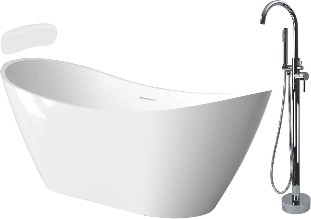 Transolid Skylar Freestanding Oval Soaking Bathtub Kit 59 in. x 31 in. Gloss White with Peyton T4200-PC Polished Chrome Floor-Mount Faucet, Color-Matched EZ-Click Center Drain and Bath Pillow