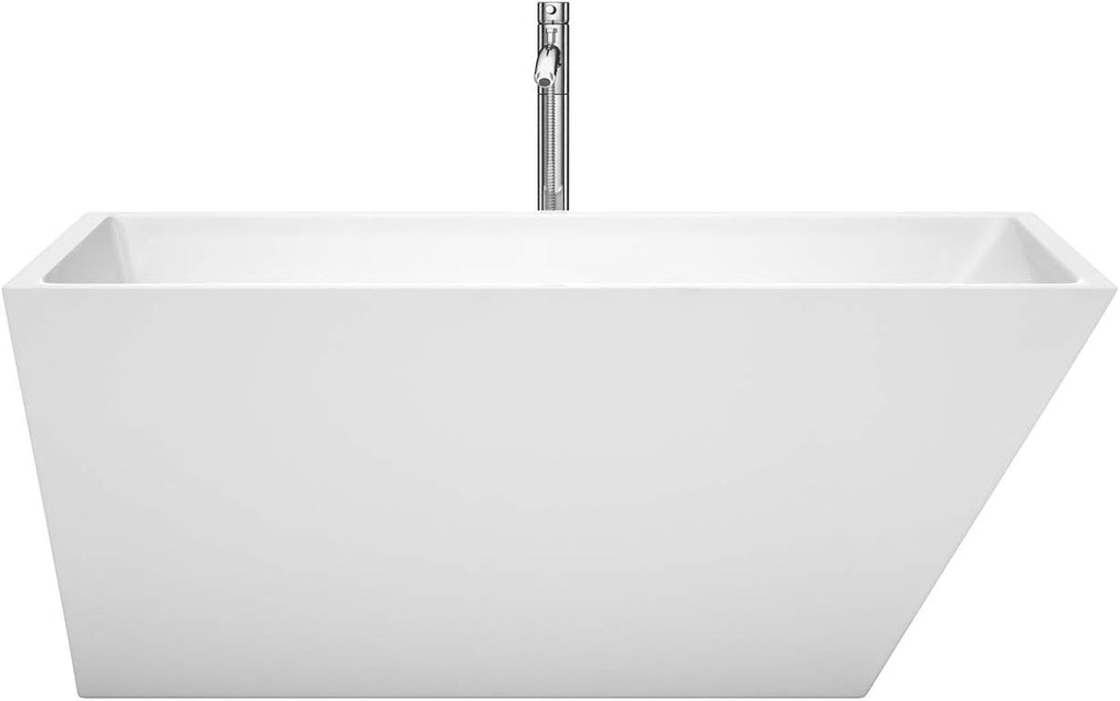 Wyndham Collection Hannah 59 inch Freestanding Bathtub for Bathroom in White with Floor Mounted Faucet, Drain and Overflow Trim in Polished Chrome